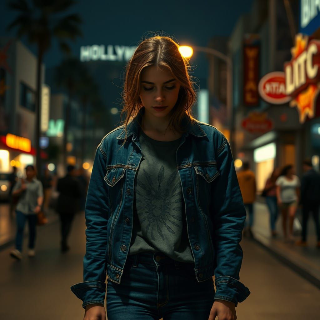 Lonely City Night: A Young Woman's Melancholic Reflection