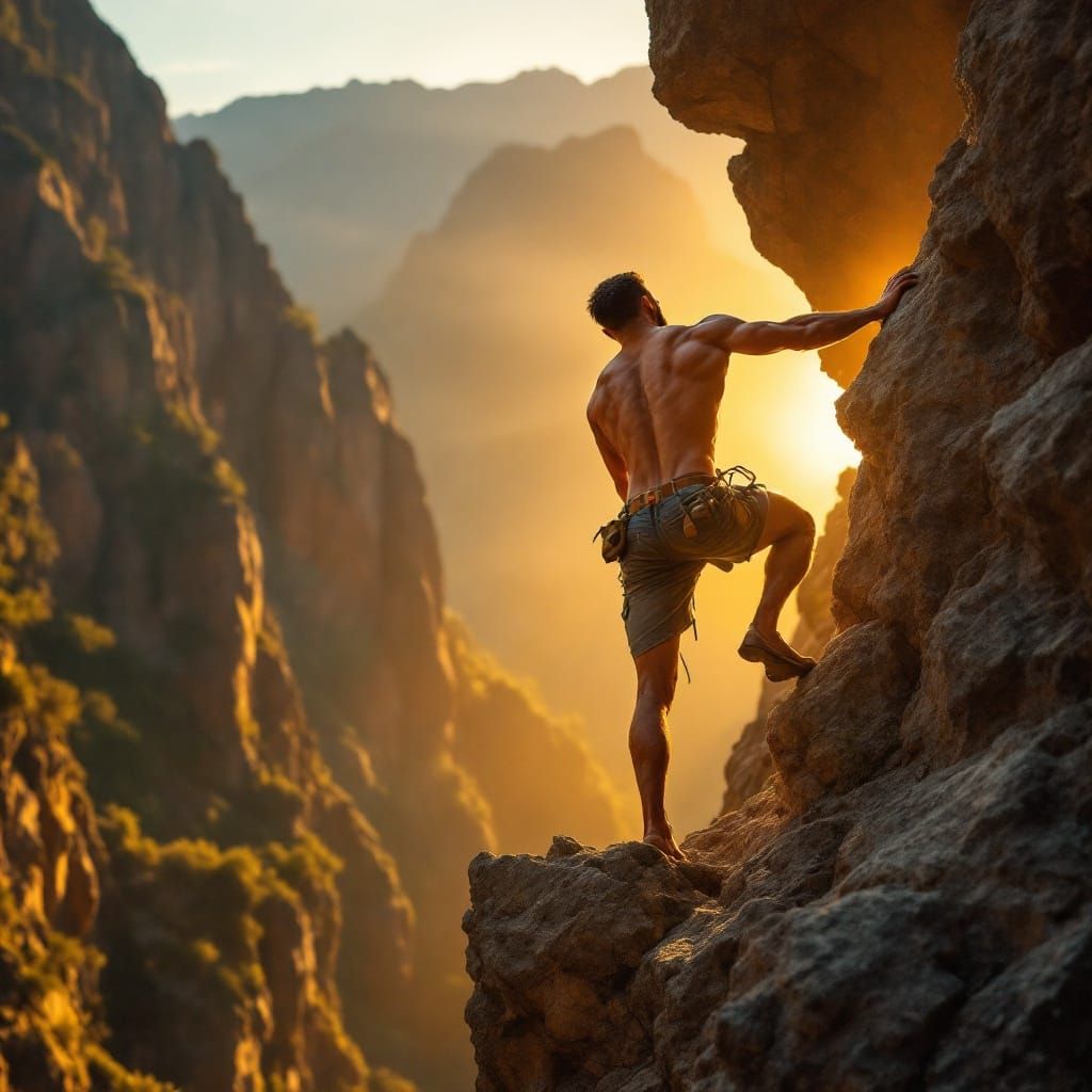 Muscular Man Climbing Rock Face at Sunset