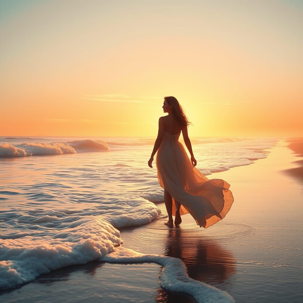 Woman on Beach in Sunlight, Cinematic Digital Matte Painting