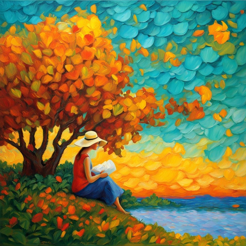 Woman in Sun-Drenched Field, Post-Impressionist Style