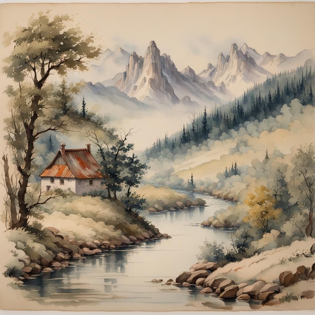 Mountain Landscape Inside Glass Orb, Watercolor Style