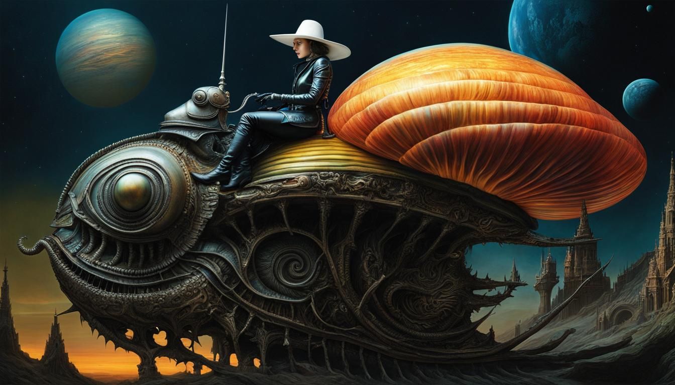 Space Cowgirl Rides Snail in Surrealist Style