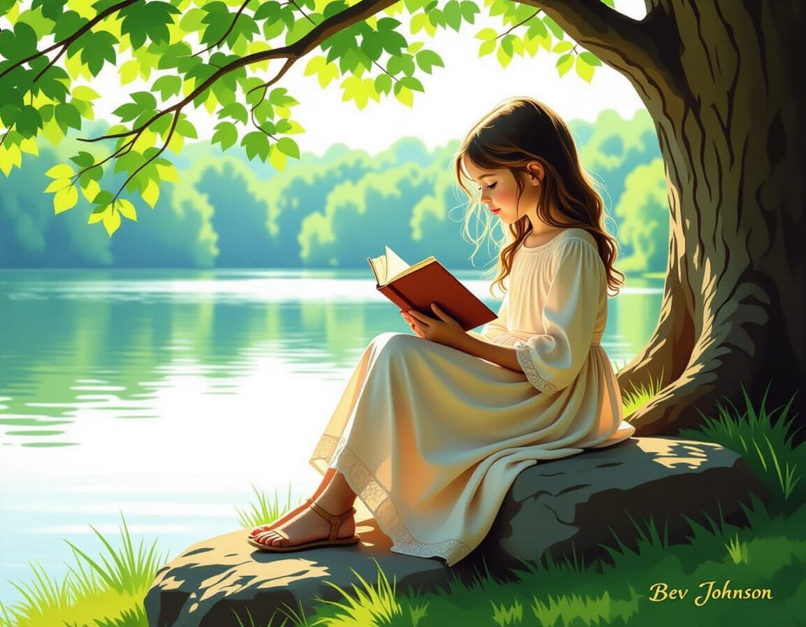 Girl Reading by Lake in Ethereal Style