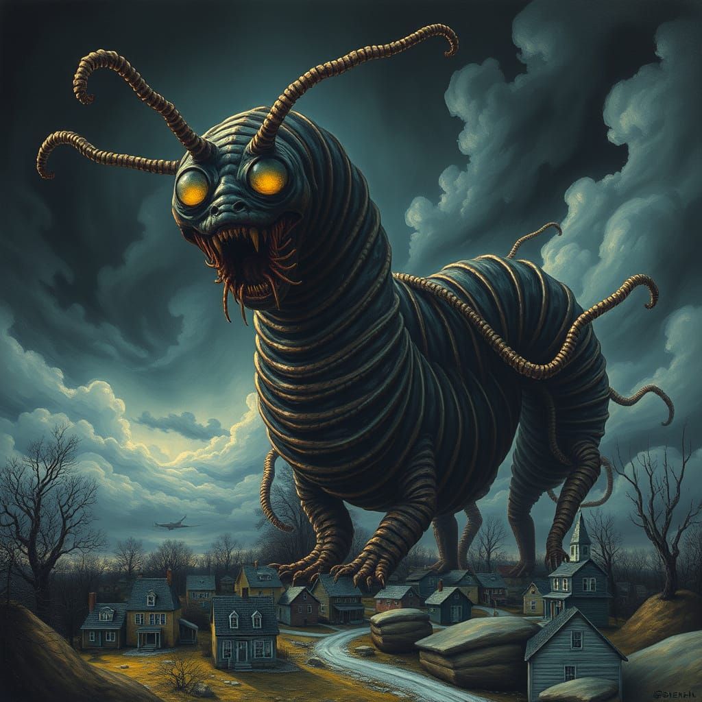 Eldritch Caterpillar Devours Town: Gothic Expressionism