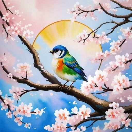 Bird and Cherry Blossoms in Gouache Style