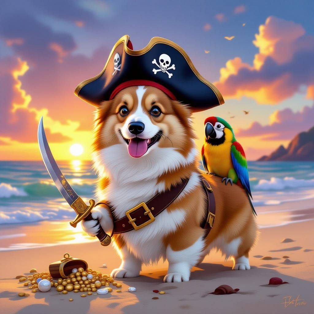 Dashing Corgi Pirate Captain on Treasure Beach at Sunset