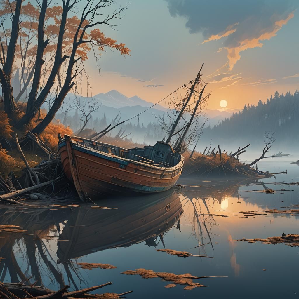 Mystical Lake Shore: Abandoned Boat in Fantasy Art