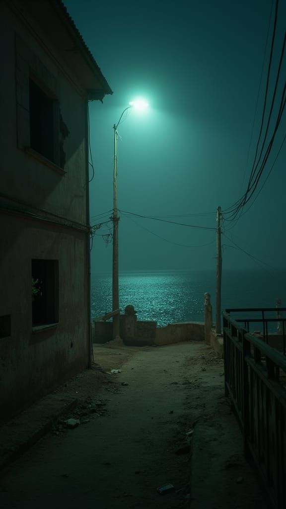 Karachi Sea View at Night with Abandoned Building