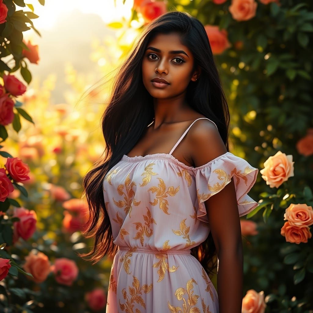 Indian Woman in Lavender Dress in Lush Garden