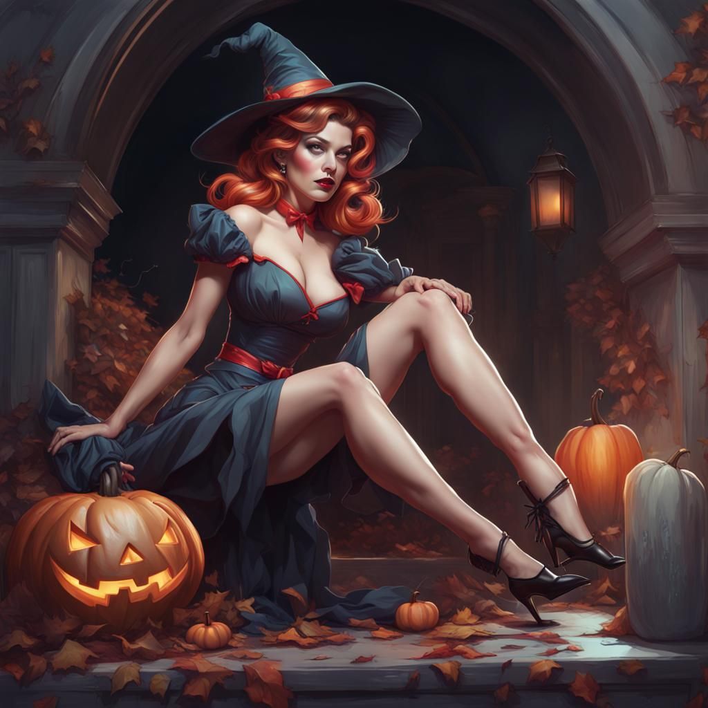 Halloween Pinup Portrait in Art Nouveau Style