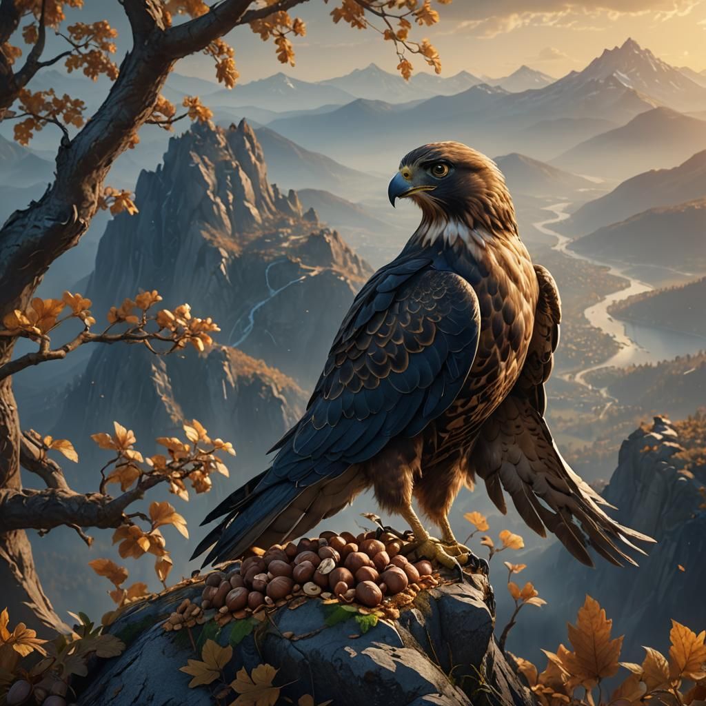 Hawk on Mountain Peak with Hazelnuts: Fantasy Concept Art