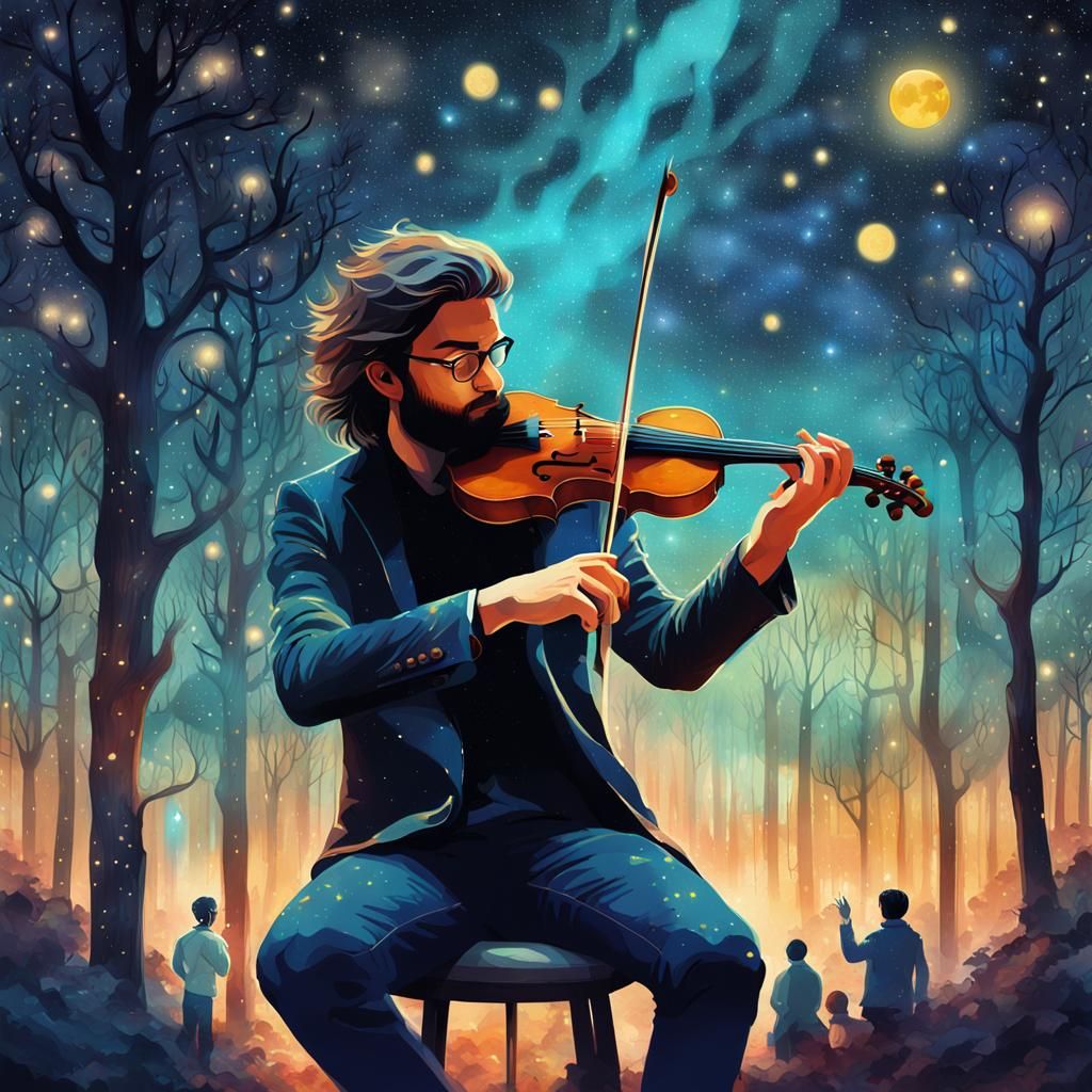 Hipster Violinist Under Cosmic Sky: Surreal Collage Art