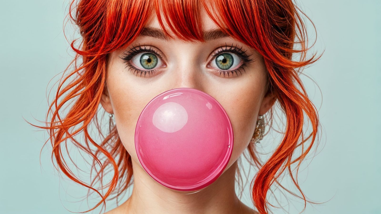 Vibrant Redhead Girl Blows Up Bubble Gum