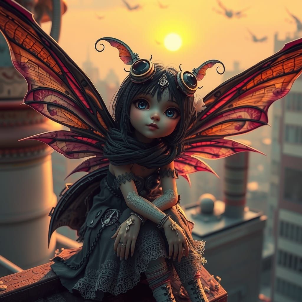 Steampunk Pixie on Rooftop: Digital Art