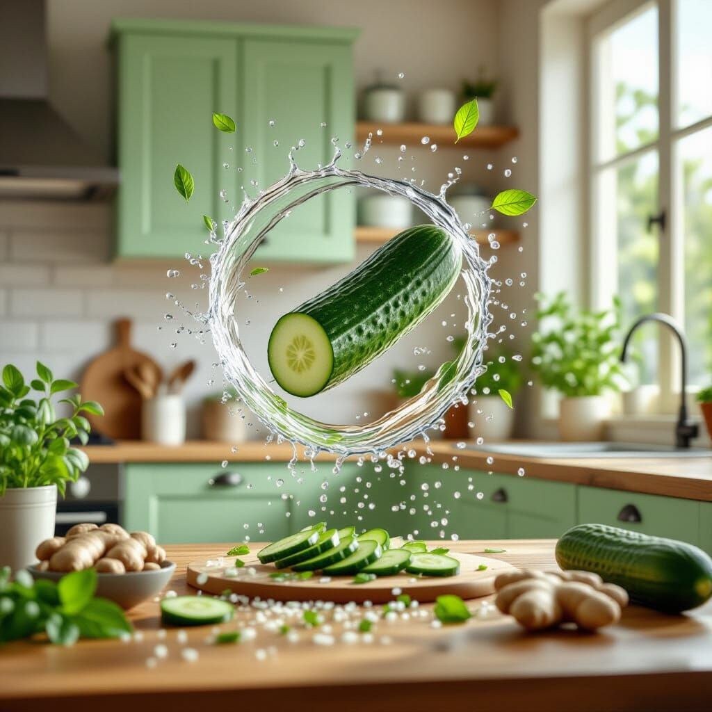 Cinematic Kitchen Scene with Hovering Cucumber Slice