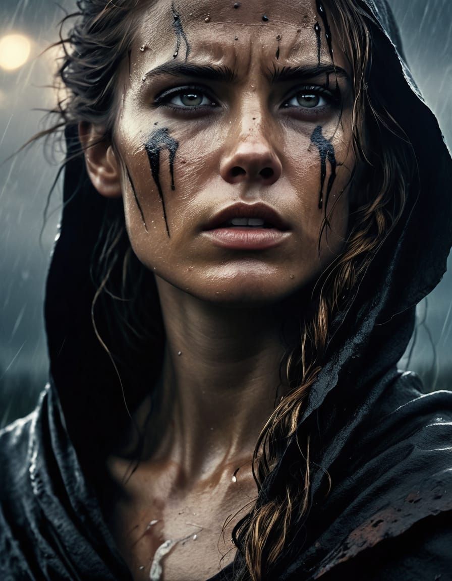 Epic Oil Painting of a Hooded Warrior Woman in a Stormy Land...