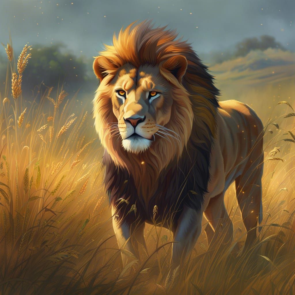 Lion Portrait in African Prairie, Digital Art