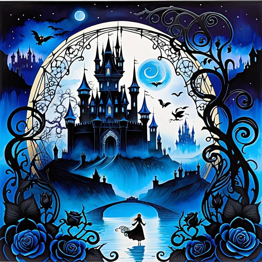 Tiffany Blue Rose with Filigree, Watercolor Ink Art