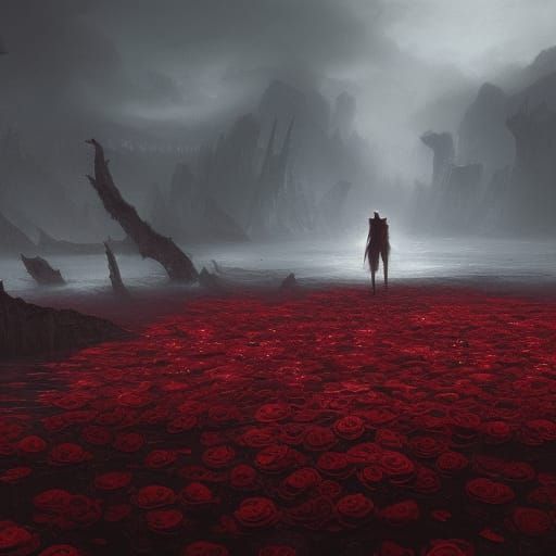 Gothic Field of Red Roses: Dark Fantasy Art