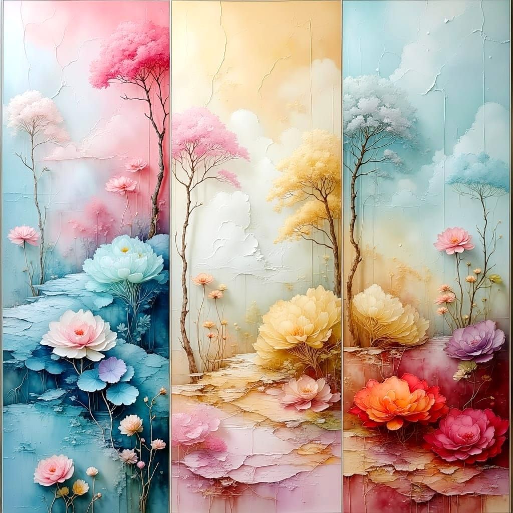 Dreamlike Triptych with Ethereal Landscapes as Oil Painting