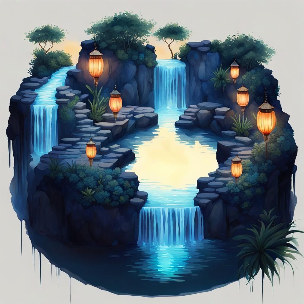 Twilight Terraced Garden with Waterfalls: Digital Watercolor...