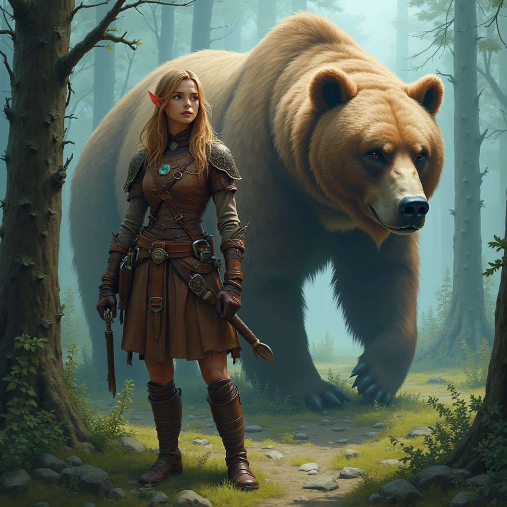 Elf and Grizzly Bear in Misty Forest