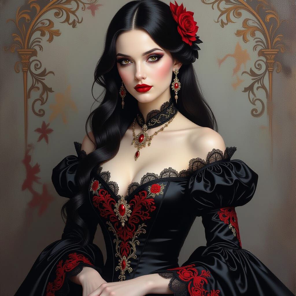 Gothic Woman in Black Satin Gown with Intricate Embroidery