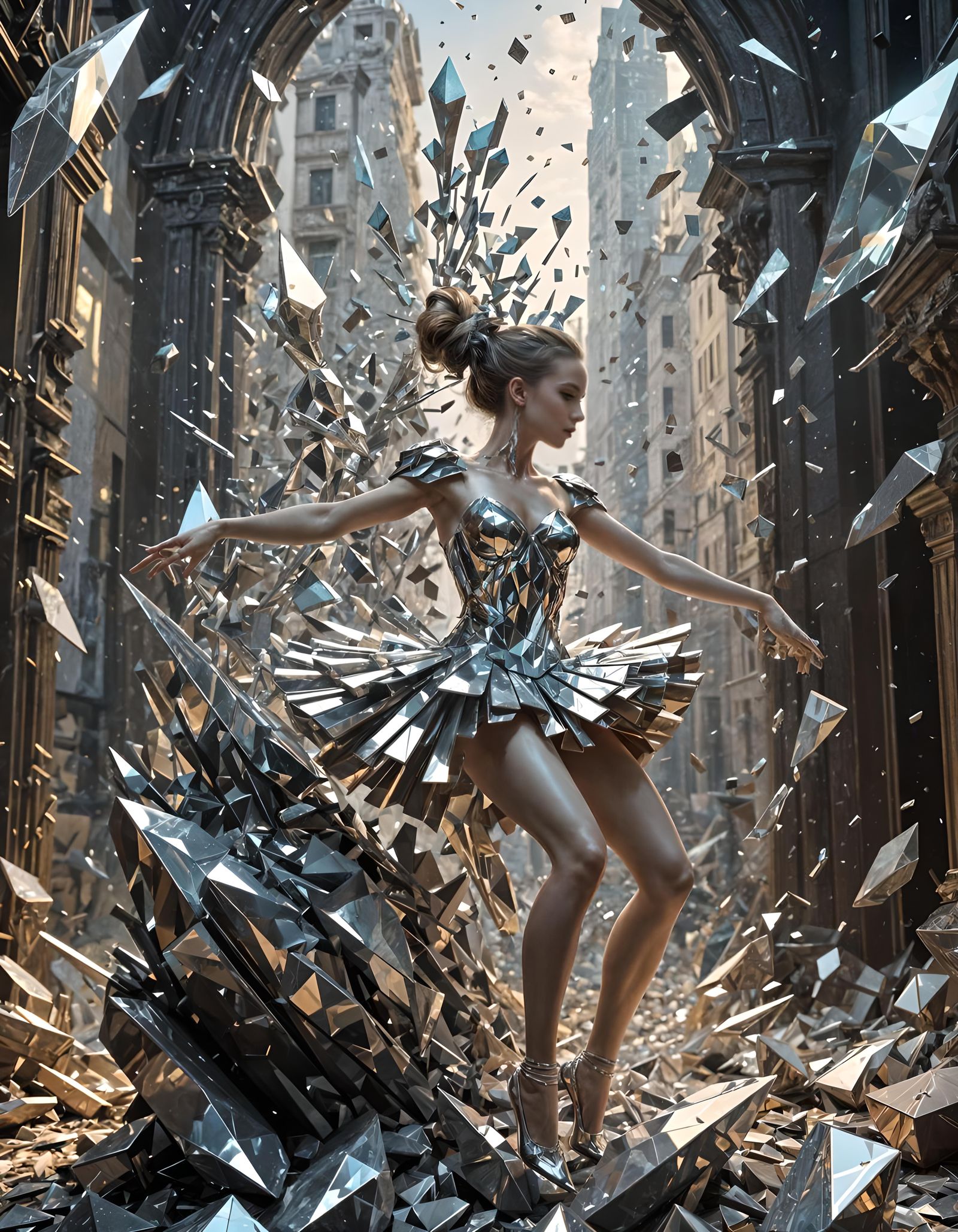 Metallic Crystal Ballerina Shattering into Fragments