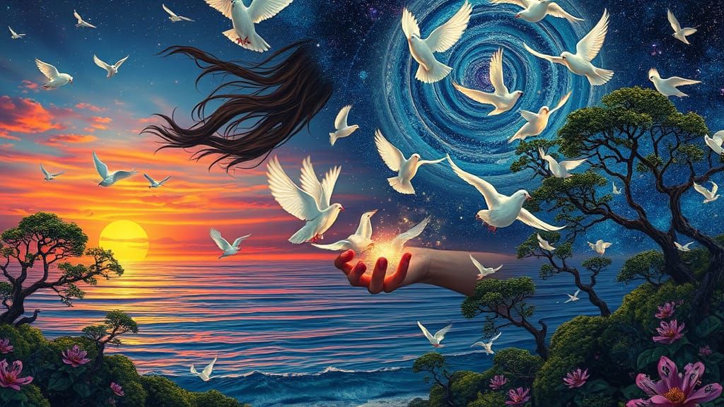 Psychedelic Summer Night Utopia with Doves, Bosch Style