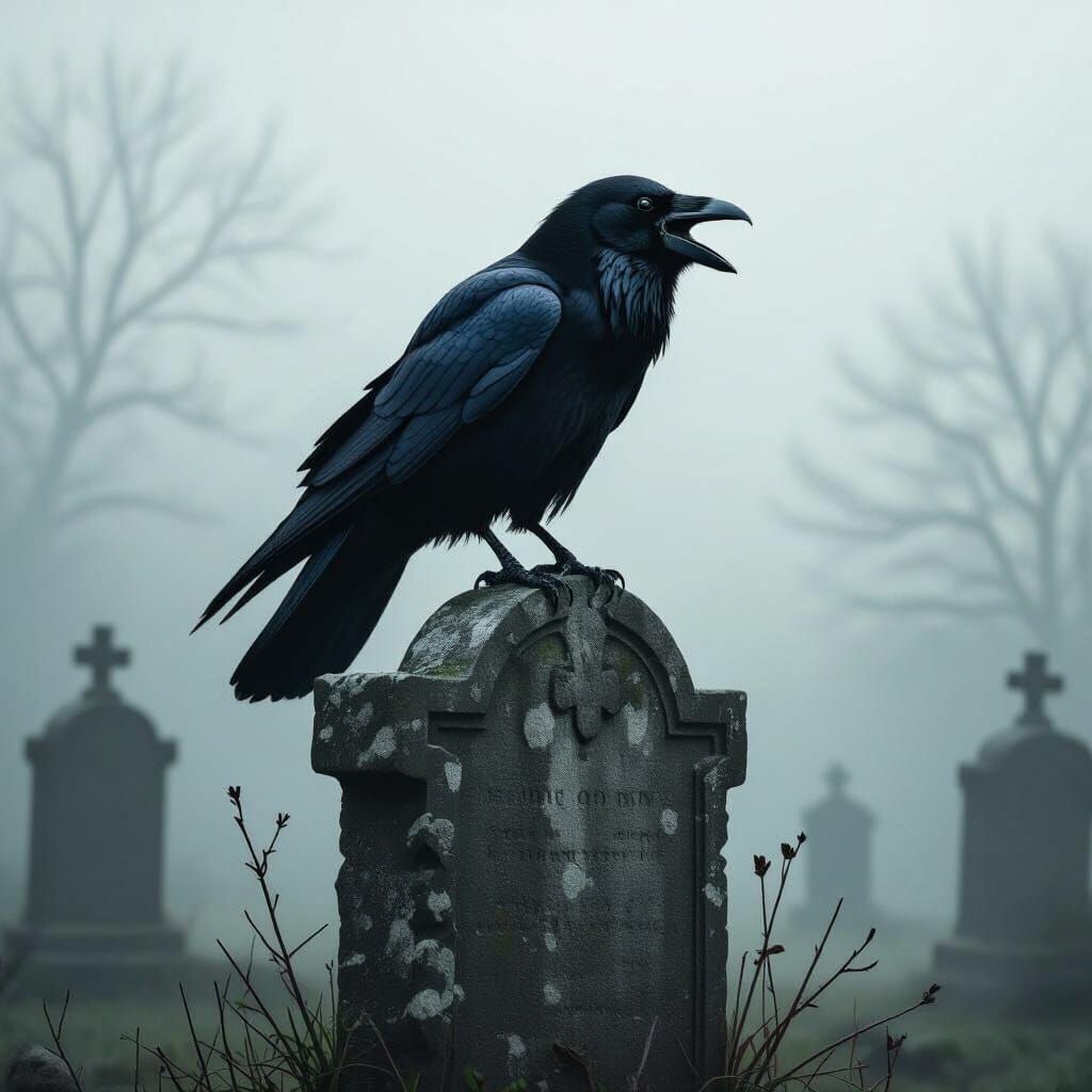 Black Raven Croaking on Tombstone in Misting Fog
