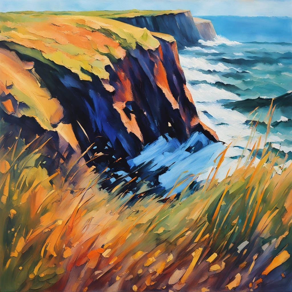 Impressionist Wave Crashes on Cliff in Gouache Style