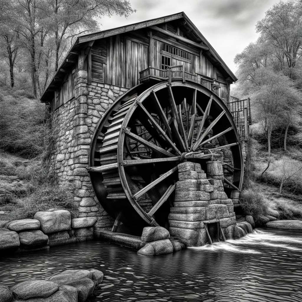 Detailed Line Drawing of a Water Wheel