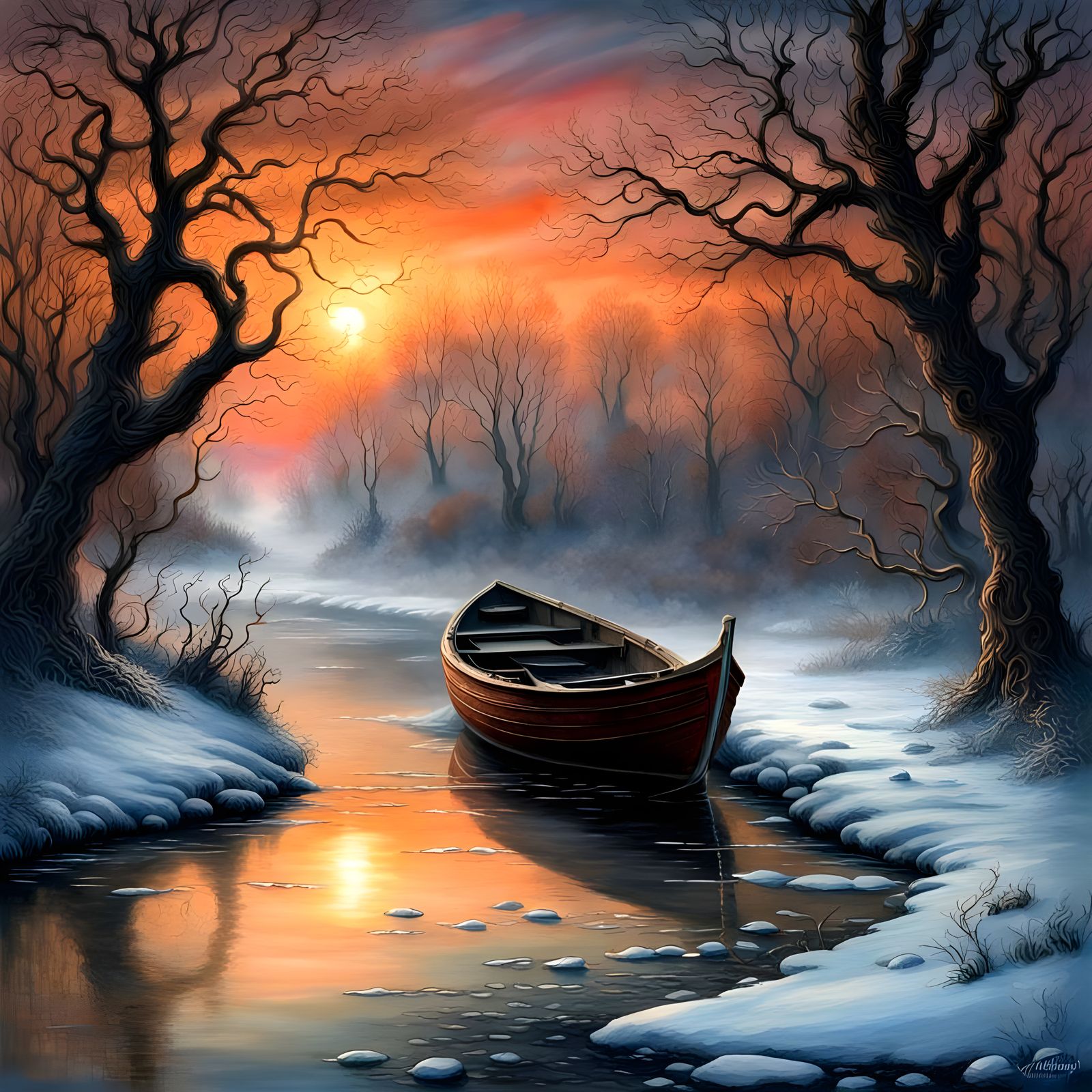 Winter River Masterpiece in Whimsical Style