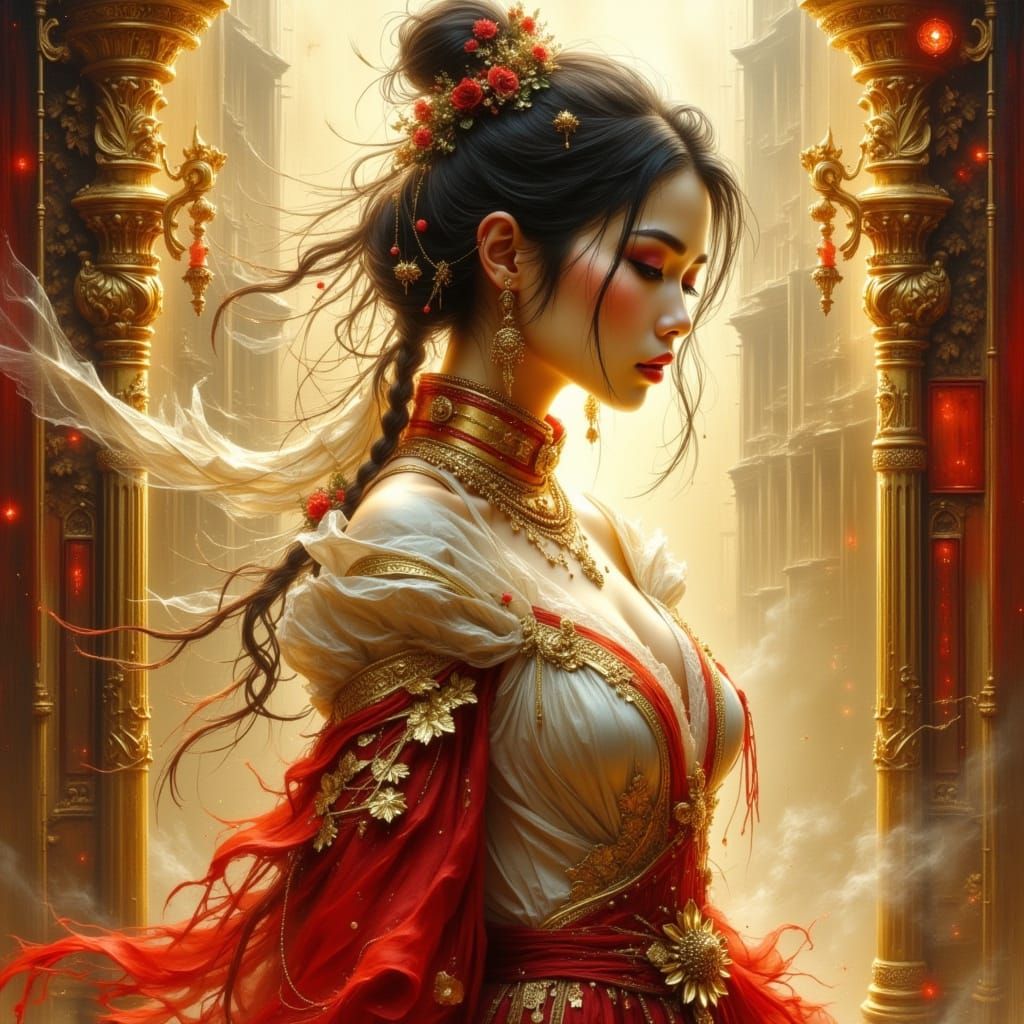 Steampunk Asian Woman in Blade Runner City