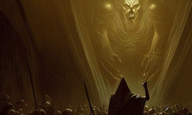 Smeagol Kneels Before Sauron in Dark Fantasy Style