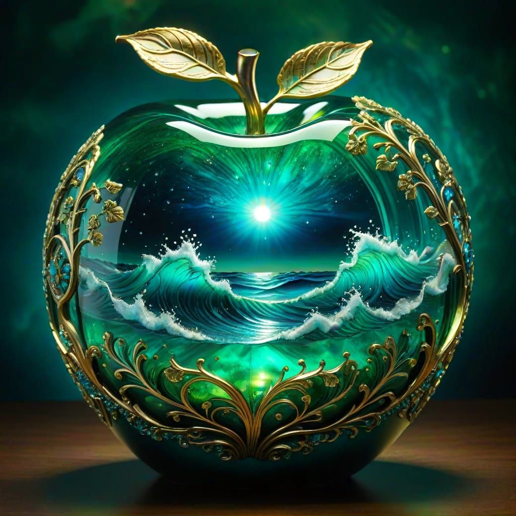 Ethereal Fantasy World: A Glowing Apple Containing a Teal Oc...