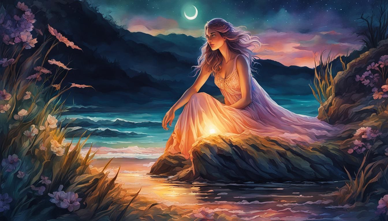 Bioluminescent Night Seascape in Digital Watercolor