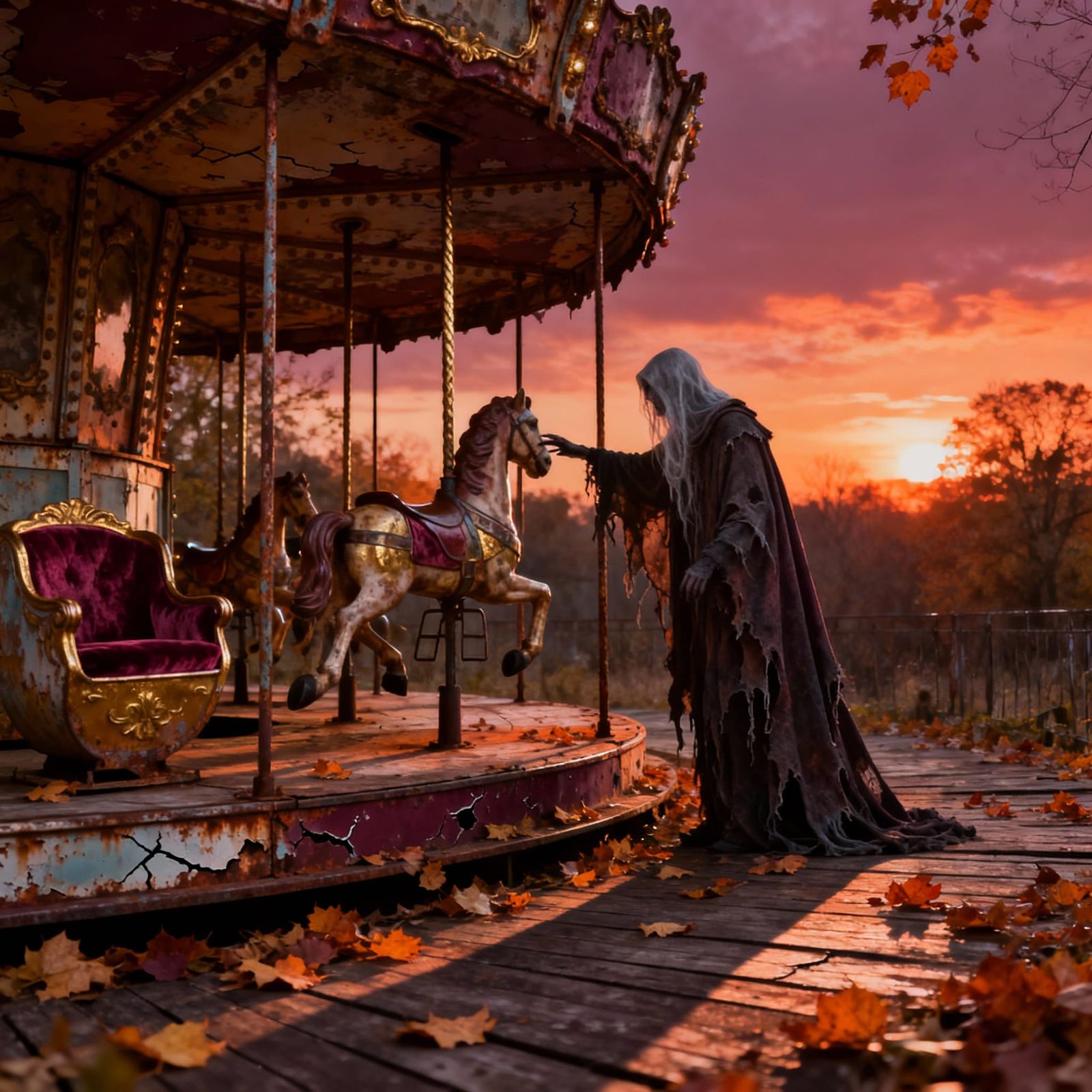 Gothic Dark Academia Carousel at Autumn Sunset