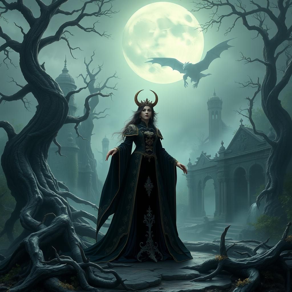 Mystical Dragon Witch in Moonlit Forest