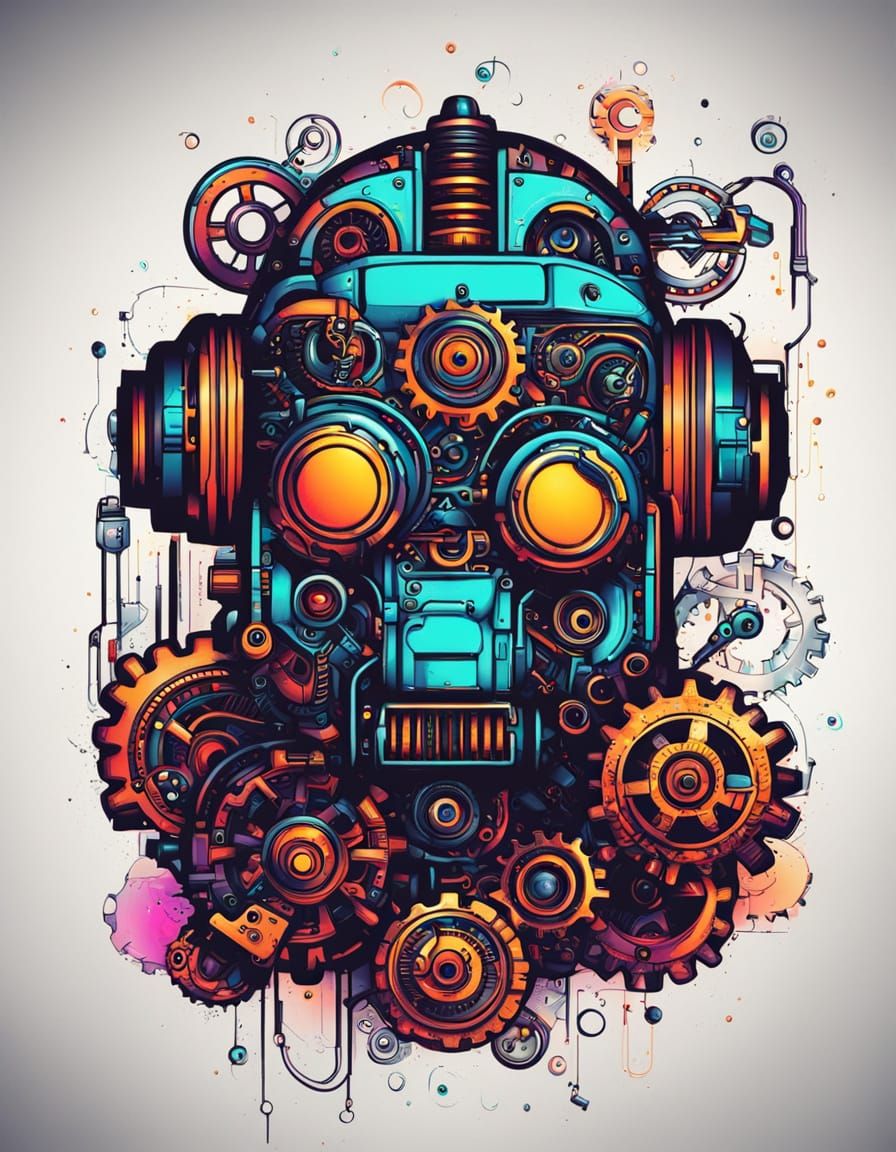 Mechanical Robot Tattoo Art with Neon Reflections