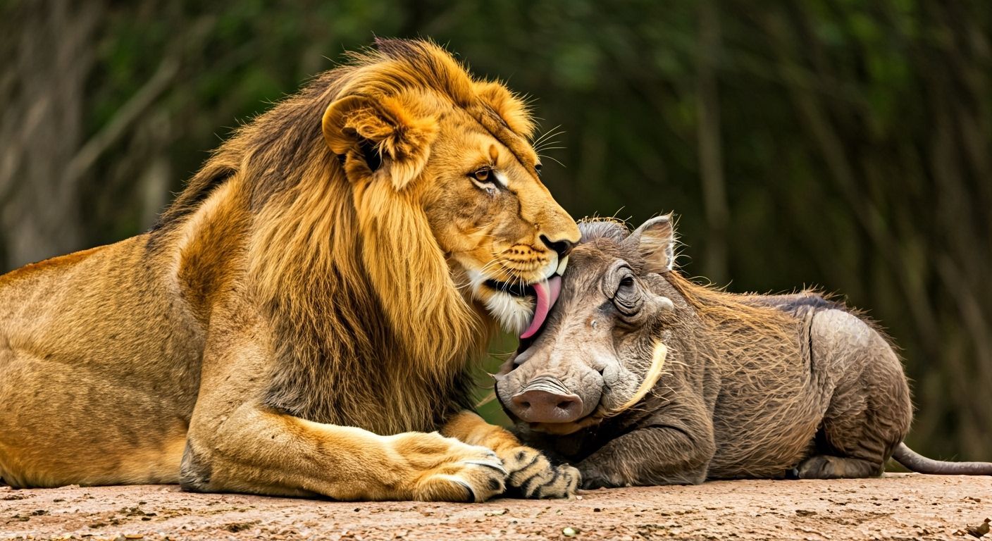 Lion Licks Meerkat and Warthog in African Savanna