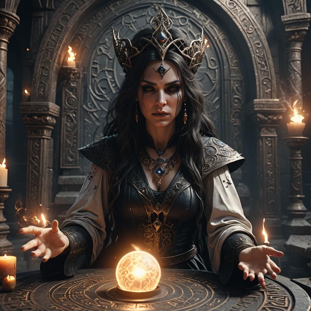 Dark Fantasy Sorceress in Abandoned Temple