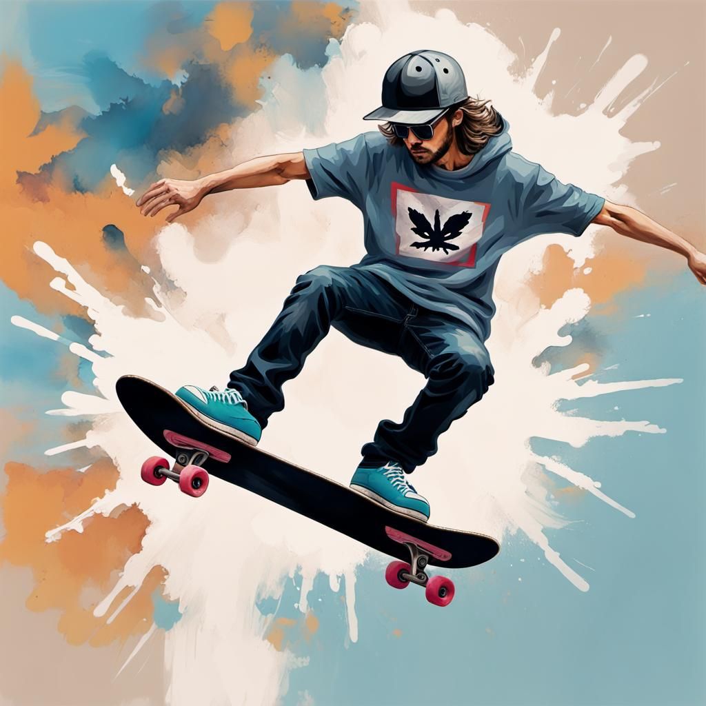 Mid-Air Skateboarder as Impasto Oil Painting