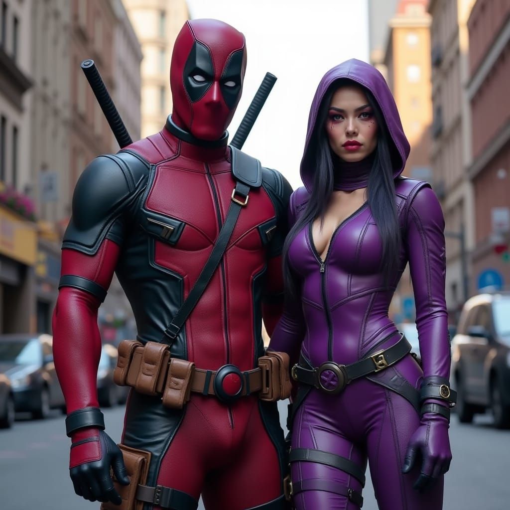 Deadpool and Mileena in a Cyberpunk Cityscape