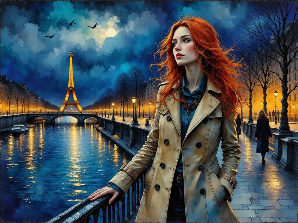 Redhead Woman Walks Seine at Midnight in Paris