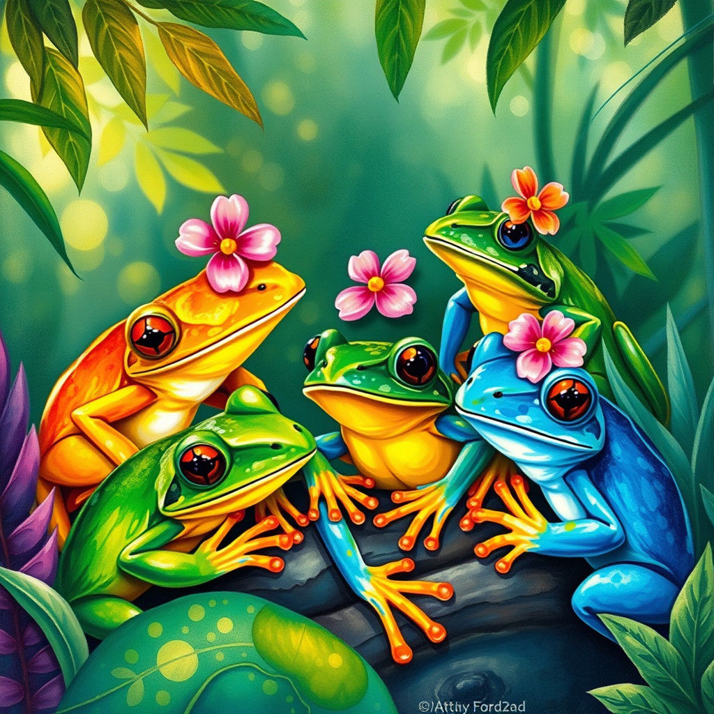 Exotic Frogs with Flowers in a Tropical Rainforest