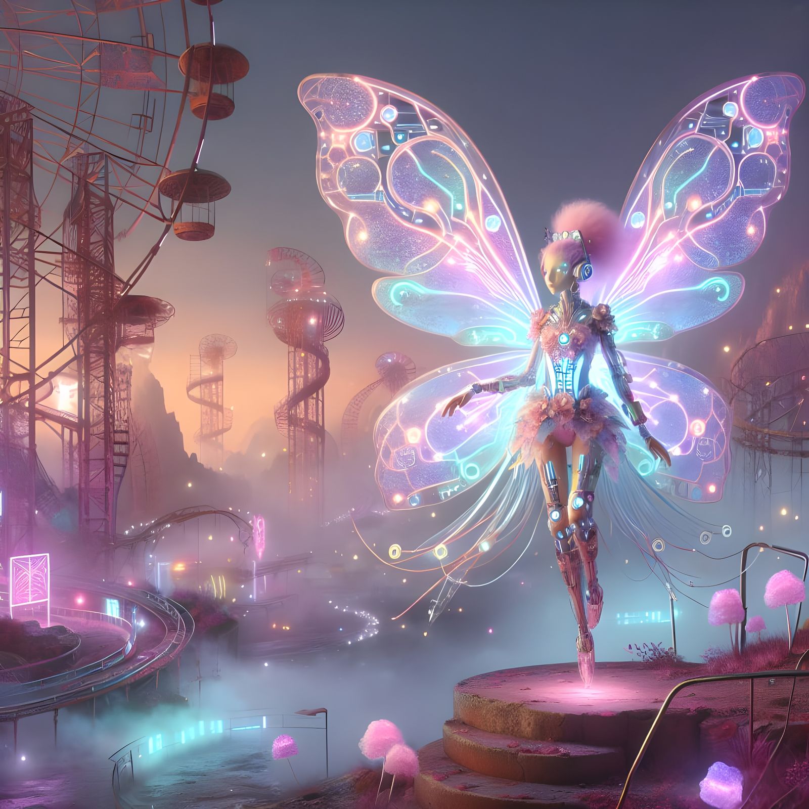 Ethereal Cyber Fairy Amidst Abandoned Amusement Park Ruins