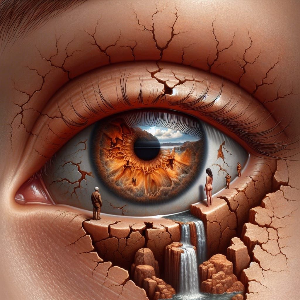 Surreal Eye Portrait with Waterfall in Kintsugi Style