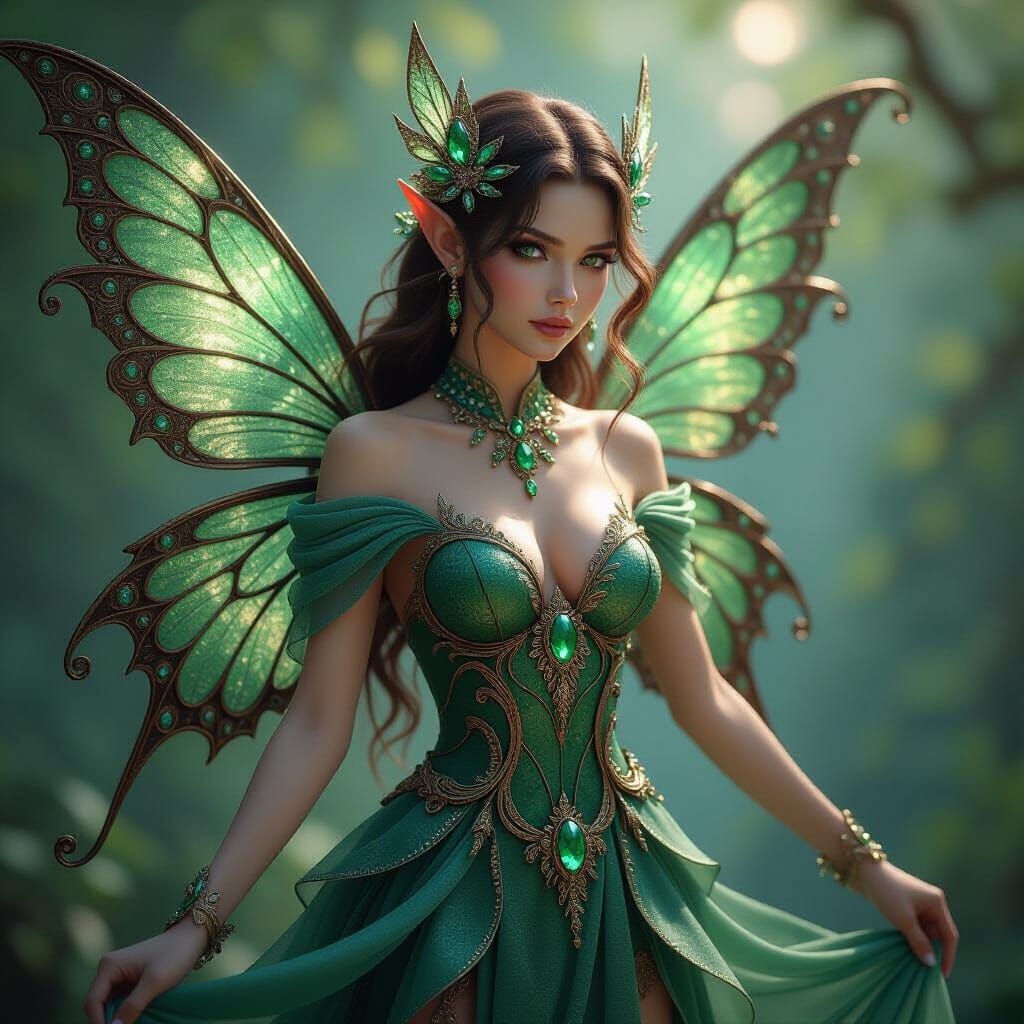 Detailed Fairy in Jade and Gold Gemstone Dress