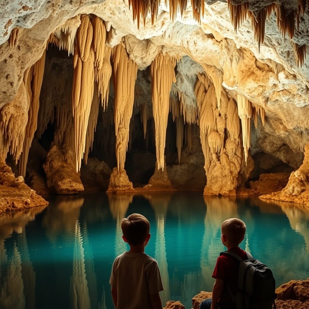 Boys Explore Stunning Stalactite Cave With Reflecting Lake